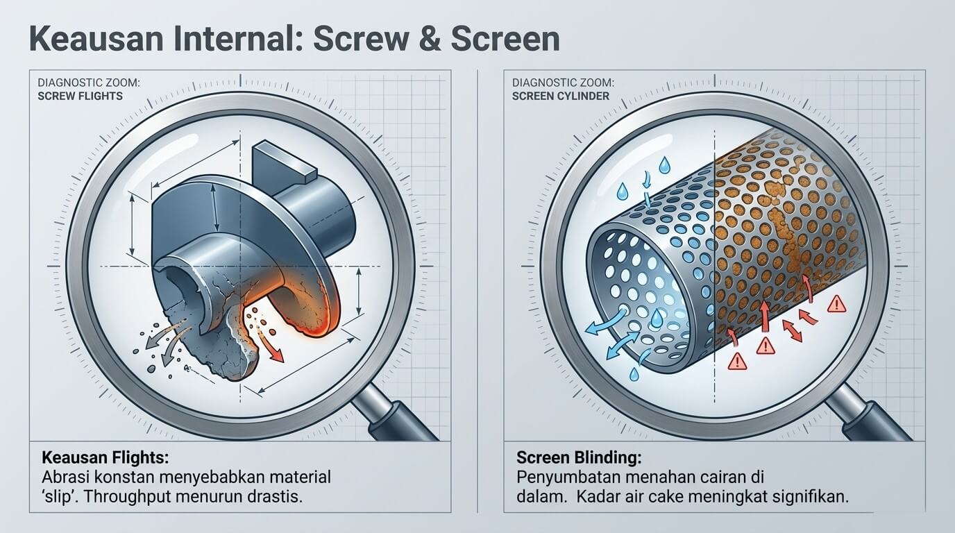 screw press - keausan screw flight dan cylinder tersumbat